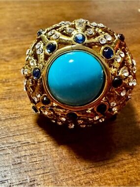 CNC Costume National Gold-Tone Ring with Turquoise Cabochon and Blue Accents
